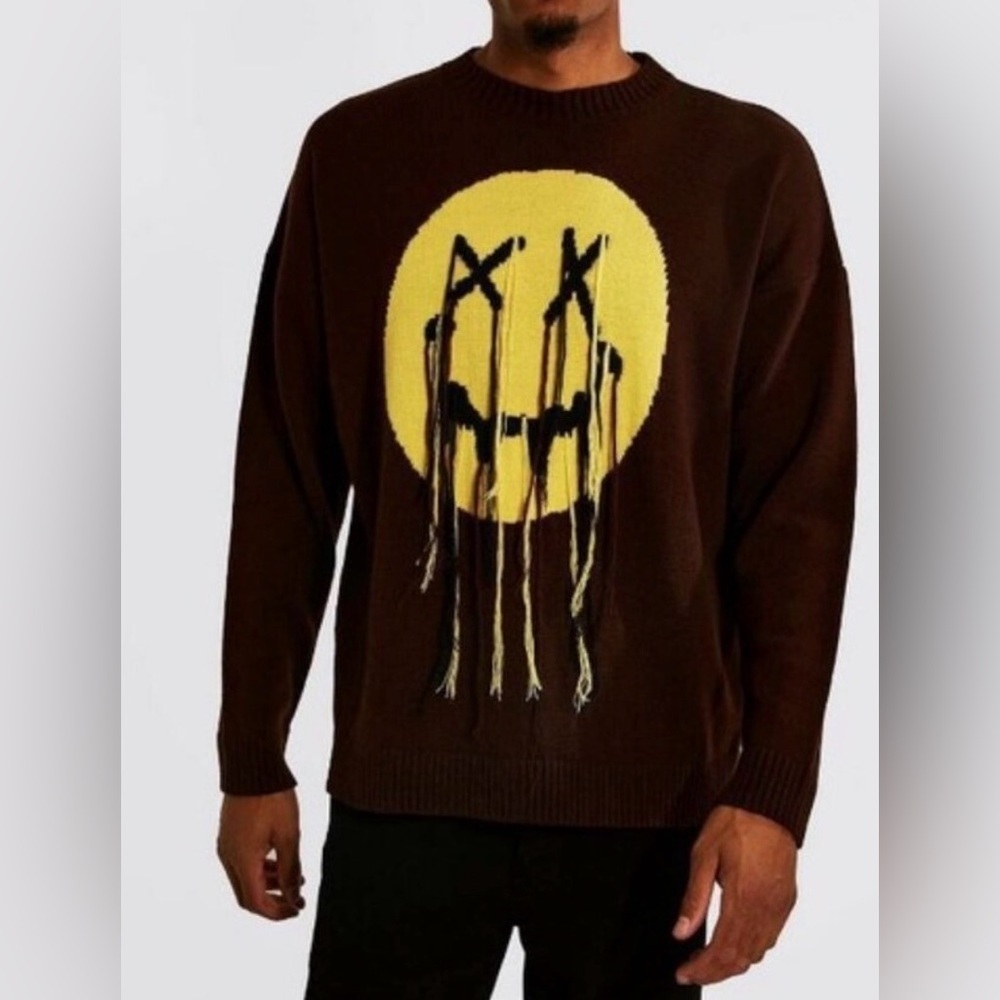 BoohooMan Men's Tall Oversized Distressed Drip Face Sweater, Size Medium